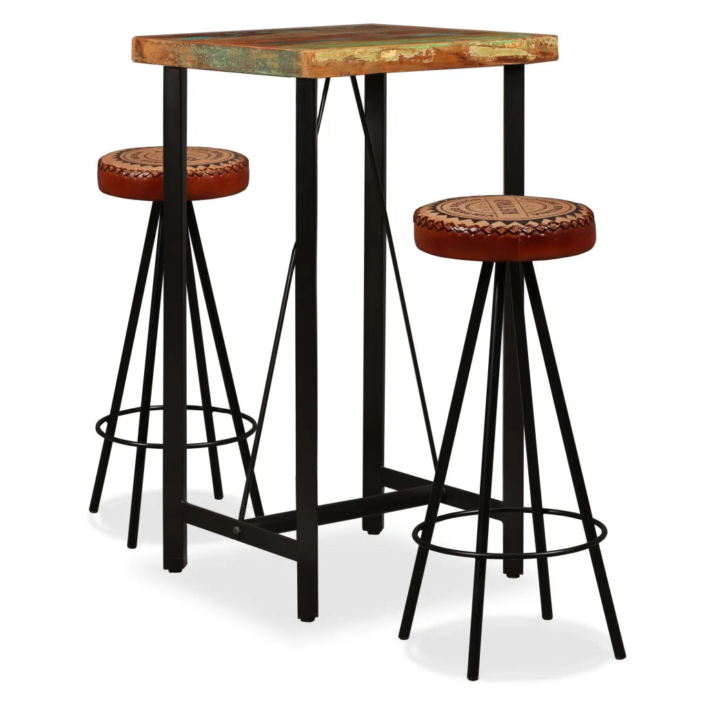 Bar Set 3 Pieces Solid Reclaimed Wood, Genuine Leather &amp; Canvas